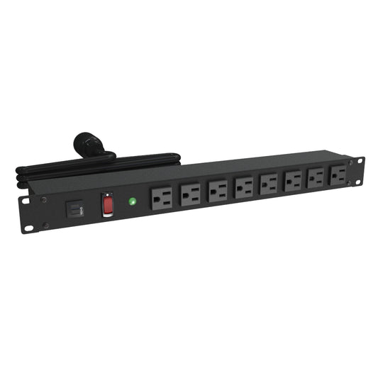 Hammond 1582H8A1SBK Rack Mount Power Bar 8-Outlets On Front with Surge 15 Amps, Lit On/Off Switch, 6' Cord, Straight Plug