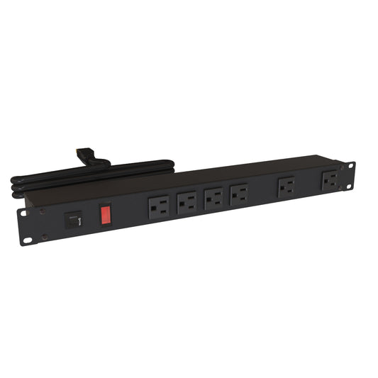 Hammond 1582T6A1BK Rack Mount Power Bar 6-Outlets On Front 15 Amps, Pilot Light, 6' Cord, Straight Plug