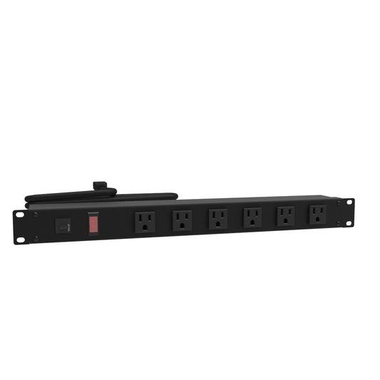 Hammond 1582T6A1BKRA Rack Mount Power Bar 6-Outlets On Front 15 Amps, Rotated Outlets, Pilot Light, 6' Cord, Straight Plug