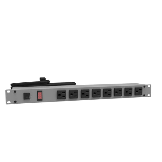 Hammond 1582T8A1 Rack Mount Power Bar 8-Outlets On Front 15 Amps, Gray, Pilot Light, 6' Cord, Straight Plug