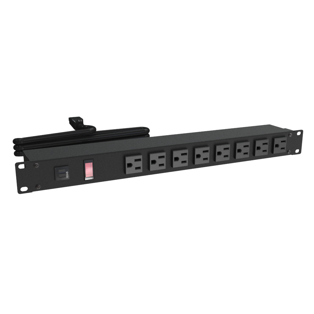 Hammond 1582T8B1BK Rack Mount Power Bar 8-Outlets On Front 15 Amps, Pilot Light, 15' Cord, Straight Plug
