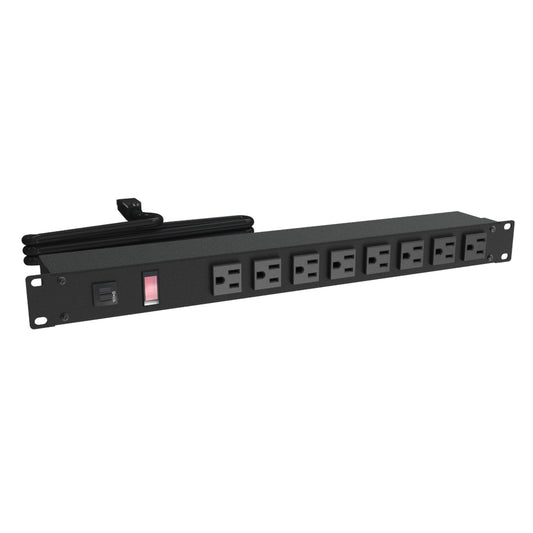 Hammond 1582T8B1BK Rack Mount Power Bar 8-Outlets On Front 15 Amps, Pilot Light, 15' Cord, Straight Plug