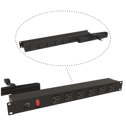 Hammond 1583H12B1BKX Rack Mount Power Bar 6-Outlets Front & Rear 15 Amps, Lit On/Off Switch, 15' Cord, Straight Plug