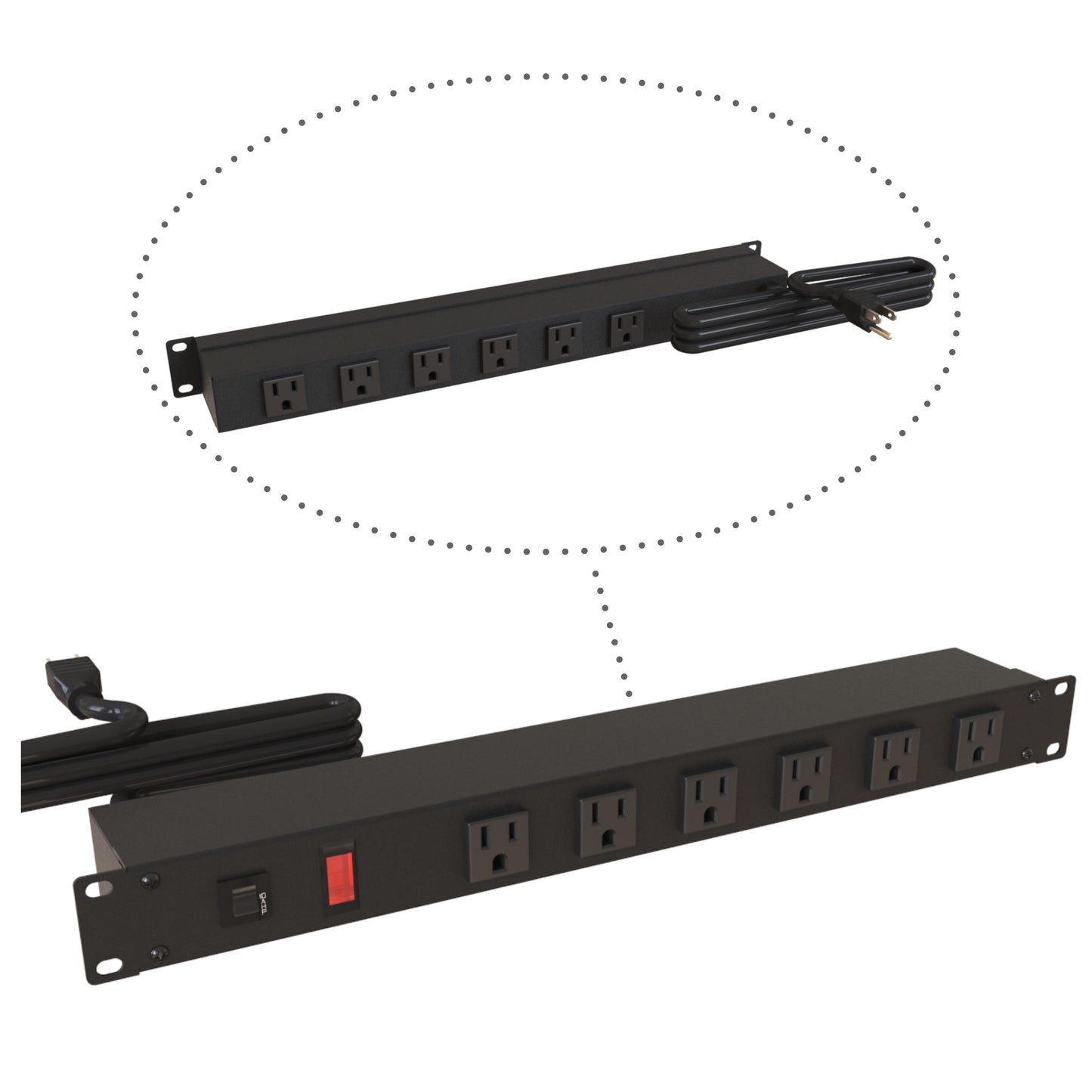 Hammond 1583H12B1BKXRA Rack Mount Power Bar 6-Outlets Front & Rear 15 Amps, Rotated Outlets, Lit On/Off Switch, 15' Cord, Straight Plug