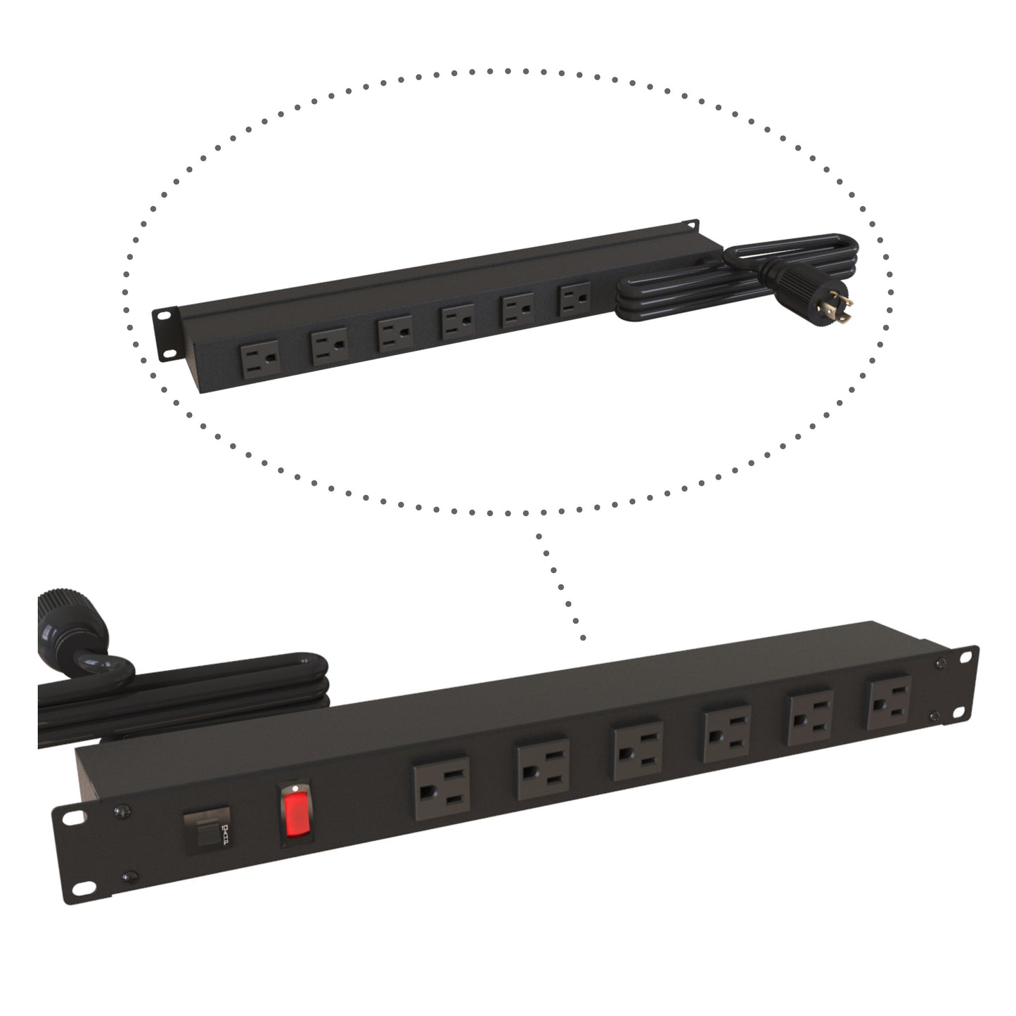 Hammond 1583H12D1BKX Rack Mount Power Bar 6-Outlets Front & Rear 15 Amps, Lit On/Off Switch, 15' Cord, Locking Plug