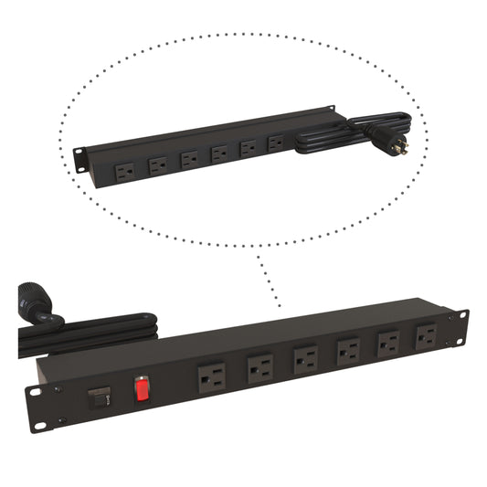 Hammond 1583H12D1BKX Rack Mount Power Bar 6-Outlets Front & Rear 15 Amps, Lit On/Off Switch, 15' Cord, Locking Plug
