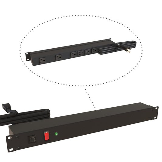 Hammond 1583H6A1SBK Rack Mount Power Bar 6-Outlets On Rear with Surge 15 Amps, Lit On/Off Switch, 6' Cord, Straight Plug