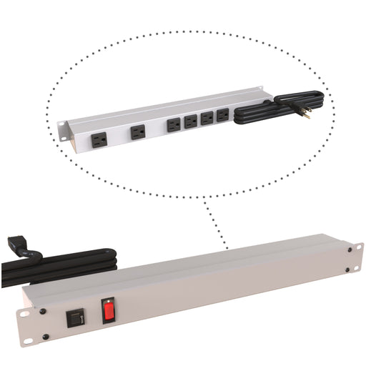 Hammond 1583H6B1 Rack Mount Power Bar 6-Outlets On Rear 15 Amps, Gray, Lit On/Off Switch, 15' Cord, Straight Plug