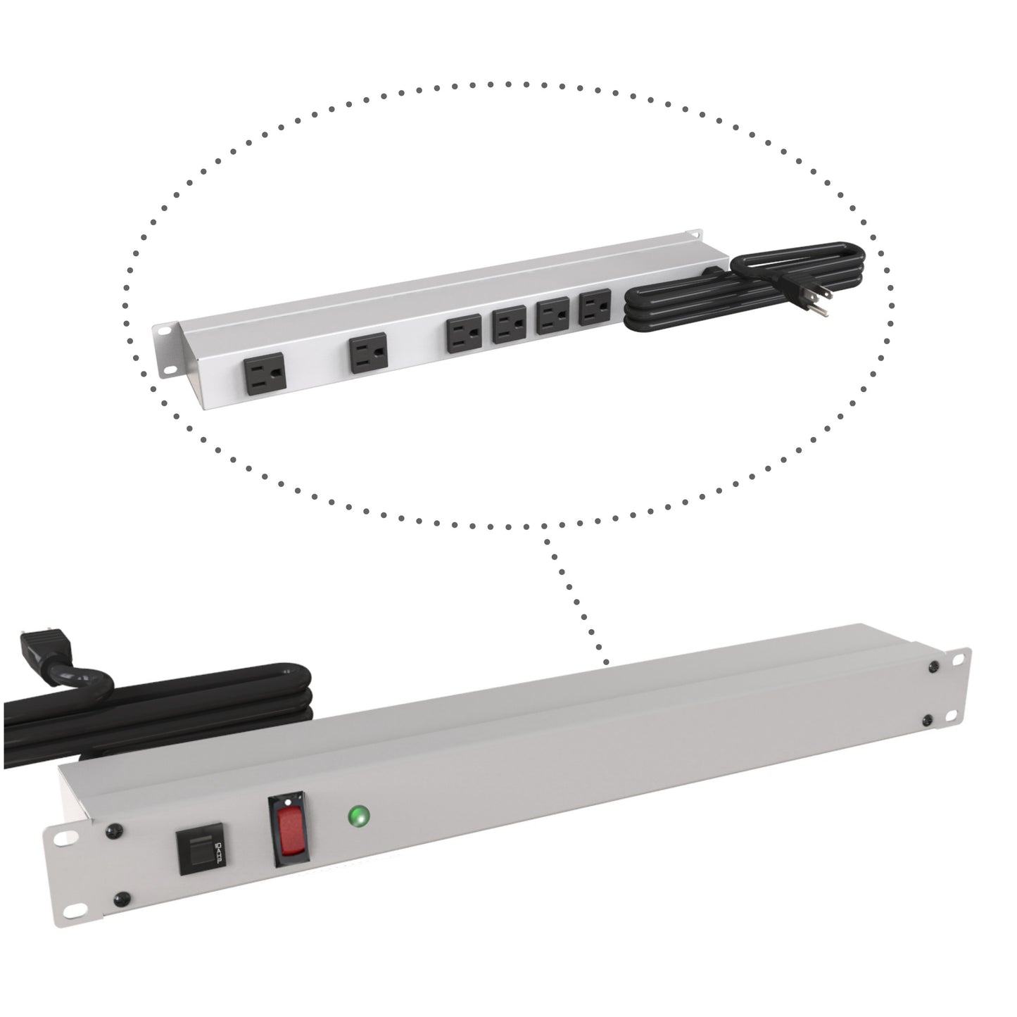 Hammond 1583H6B1S Rack Mount Power Bar 6-Outlets On Rear with Surge 15 Amps, Gray, Lit On/Off Switch, 15' Cord, Straight Plug