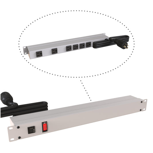 Hammond 1583H6C1 Rack Mount Power Bar 6-Outlets On Rear 15 Amps, Gray, Lit On/Off Switch, 6' Cord, Locking Plug
