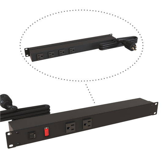Hammond 1583H6C1BKX Rack Mount Power Bar 2-Outlets Front 4-Outlets Rear 15 Amps, Lit On/Off Switch, 6' Cord, Locking Plug