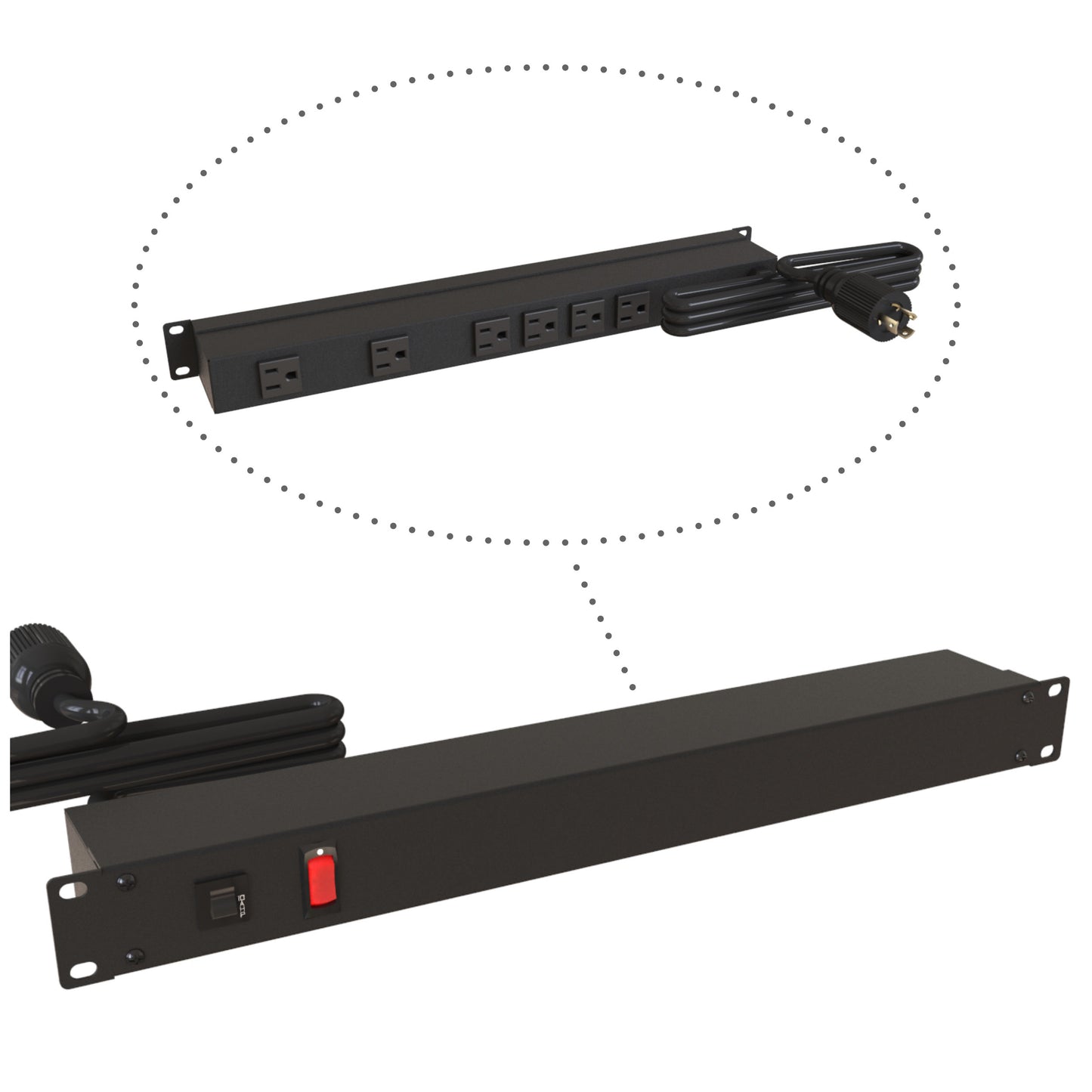 Hammond 1583H6D1BK Rack Mount Power Bar 6-Outlets On Rear 15 Amps, Lit On/Off Switch, 15' Cord, Locking Plug