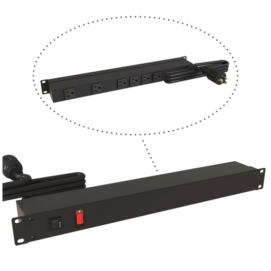 Hammond 1583H6D1BK Rack Mount Power Bar 6-Outlets On Rear 15 Amps, Lit On/Off Switch, 15' Cord, Locking Plug