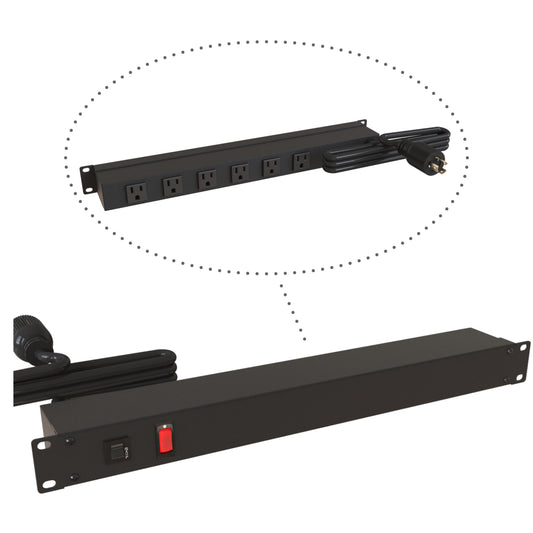 Hammond 1583H6D1BKRA Rack Mount Power Bar 6-Outlets On Rear 15 Amps, Rotated Outlets, Lit On/Off Switch, 15' Cord, Locking Plug