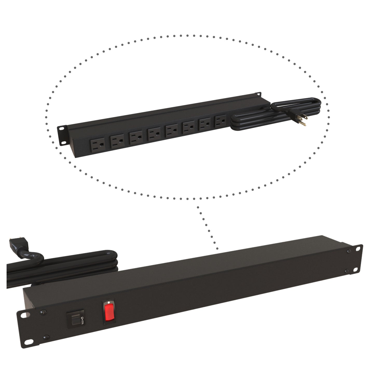 Hammond 1583H8A1BK Power Bar 8 Outlet 19" Rackmount 6' Cord, Rear Mount Receptacles, Black