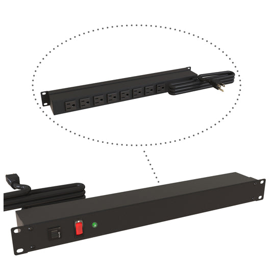 Hammond 1583H8A1SBK Rack Mount Power Bar 8-Outlets On Rear with Surge 15 Amps, Lit On/Off Switch, 6' Cord, Straight Plug
