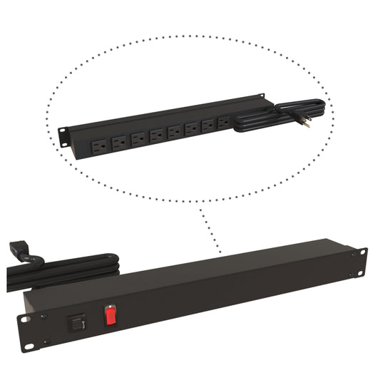 Hammond 1583H8B1BK Power Bar 8 Outlet 19" Rackmount 15' Cord, Rear Mount Receptacles, Black