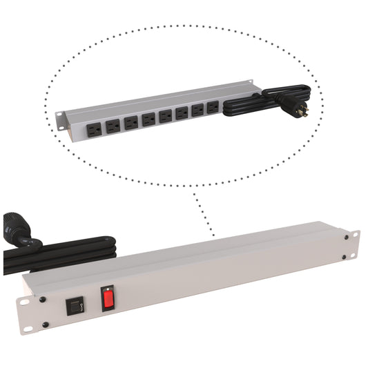 Hammond 1583H8C1 Rack Mount Power Bar 8-Outlets On Rear 15 Amps, Gray, Lit On/Off Switch, 6' Cord, Locking Plug
