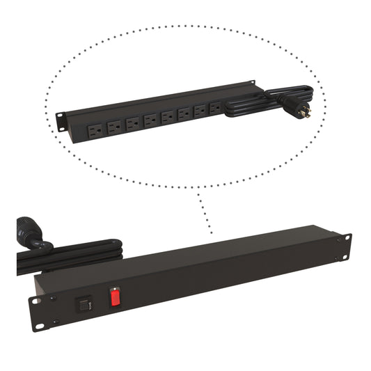 Hammond 1583H8D1BKV Rack Mount Power Bar 8-Outlets On Rear 15 Amps, Lit On/Off Switch, 15' Shielded Cord, Locking Plug