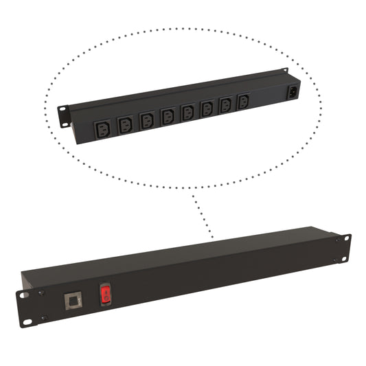 Hammond 1583H8E1BK IEC Rackmount Power Bar 8-Outlets On Rear 10 Amps, Illuminated On/Off Switch