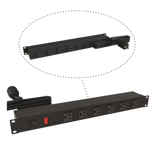 Hammond 1583T12D1BKX Rack Mount Power Bar 6-Outlets Front & Rear 15 Amps, Pilot Light, 15' Cord, Locking Plug