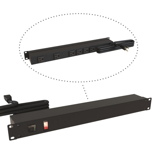 Hammond 1583T6A1BK Rack Mount Power Bar 6-Outlets On Rear 15 Amps, Pilot Light, 6' Cord, Straight Plug