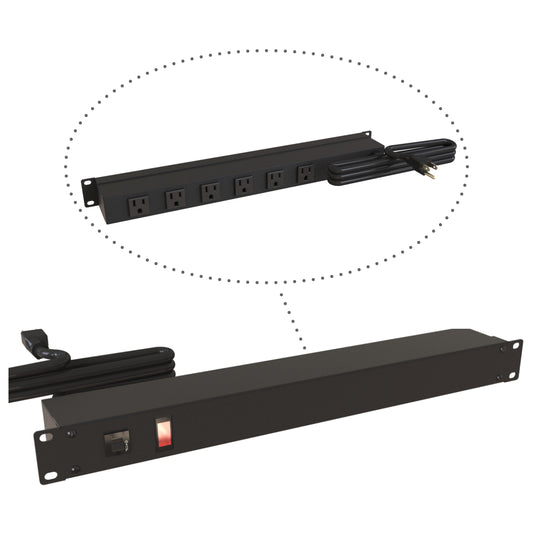 Hammond 1583T6A1BKRA Rack Mount Power Bar 6-Outlets On Rear 15 Amps, Rotated Outlets, Pilot Light, 6' Cord, Straight Plug