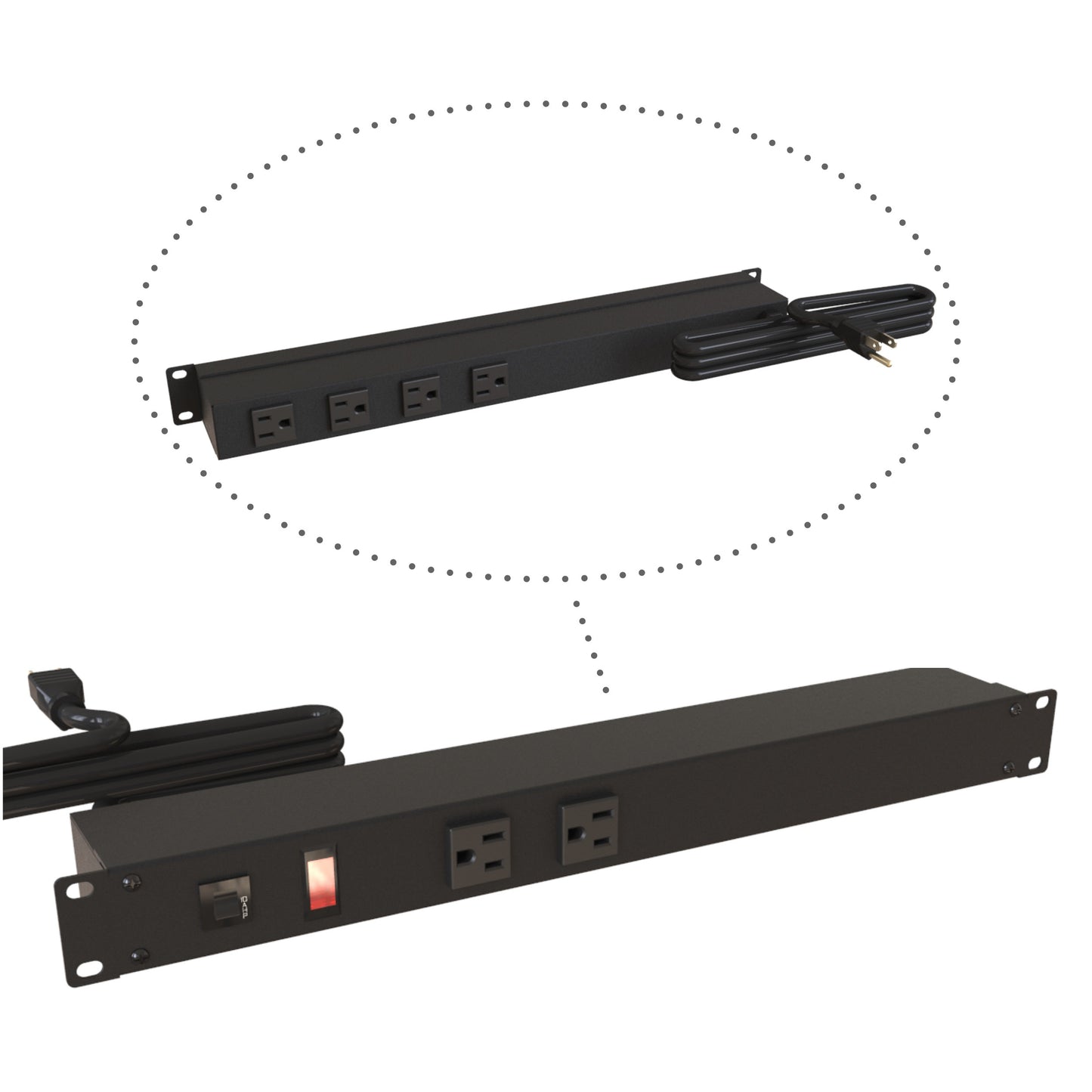 Hammond 1583T6A1BKX Rack Mount Power Bar 2-Outlets Front 4-Outlets Rear 15 Amps, Pilot Light, 6' Cord, Straight Plug