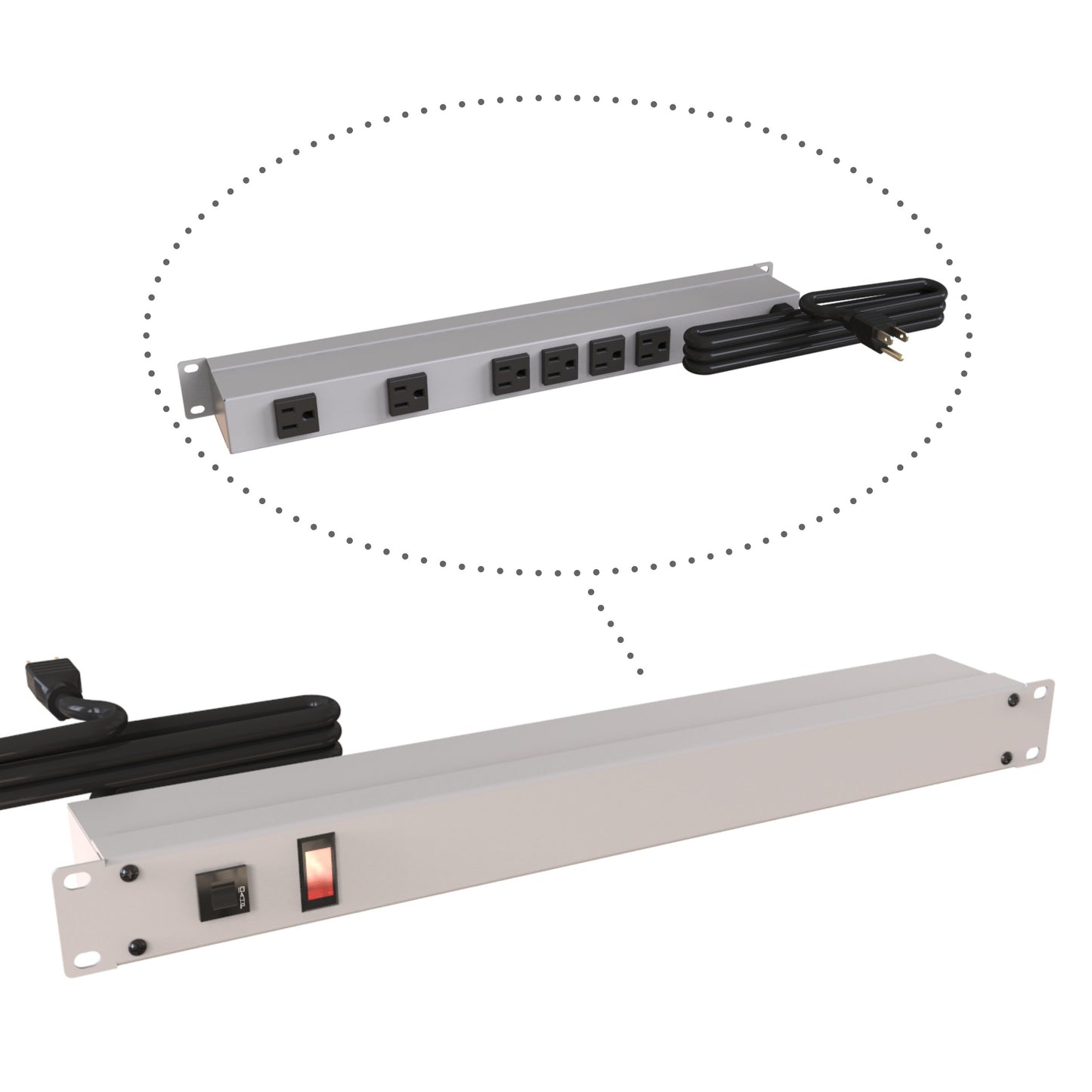 Hammond 1583T6B1 Rack Mount Power Bar 6-Outlets On Rear 15 Amps, Gray, Pilot Light, 15' Cord, Straight Plug
