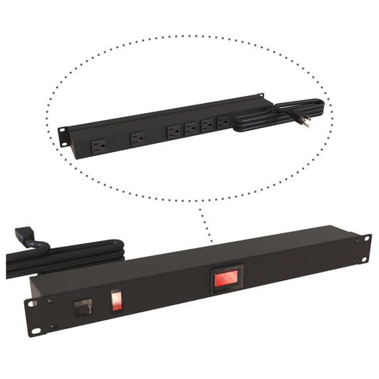 Hammond 1583T6B1BKAM Rack Mount Power Bar 6-Outlets On Rear 15 Amps, w/Ammeter, Pilot Light, 15' Cord, Straight Plug