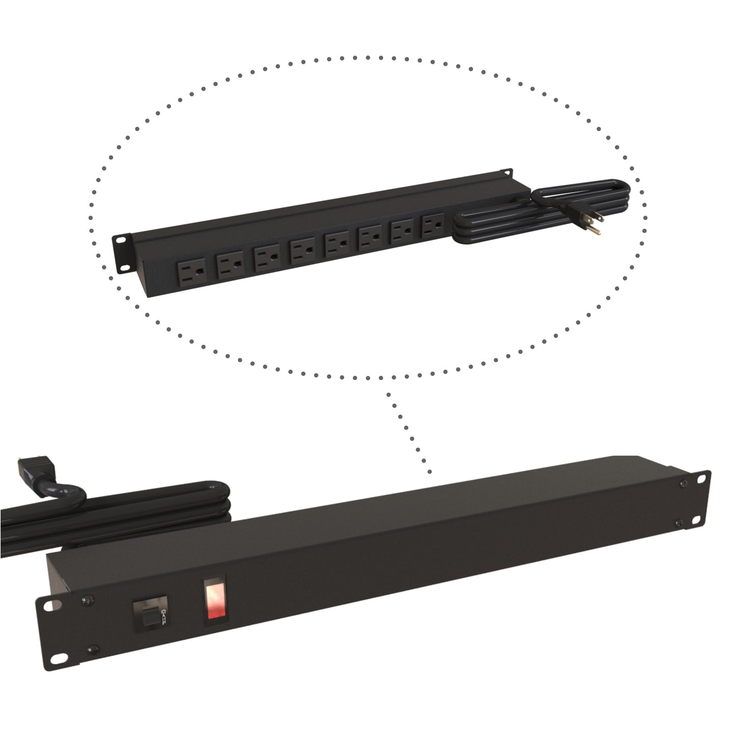 Hammond 1583T8A1BK Rack Mount Power Bar 8-Outlets On Rear 15 Amps, Pilot Light, 6' Cord, Straight Plug