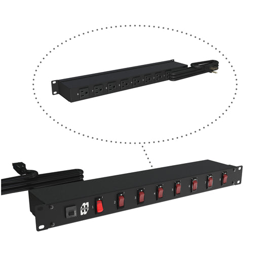 Hammond 1583W8A1BK Individually Switched Rackmount Basic PDU, 8 Rear 5-15R Outlets, 5-15P Plug, 6 ft Cord, Black.