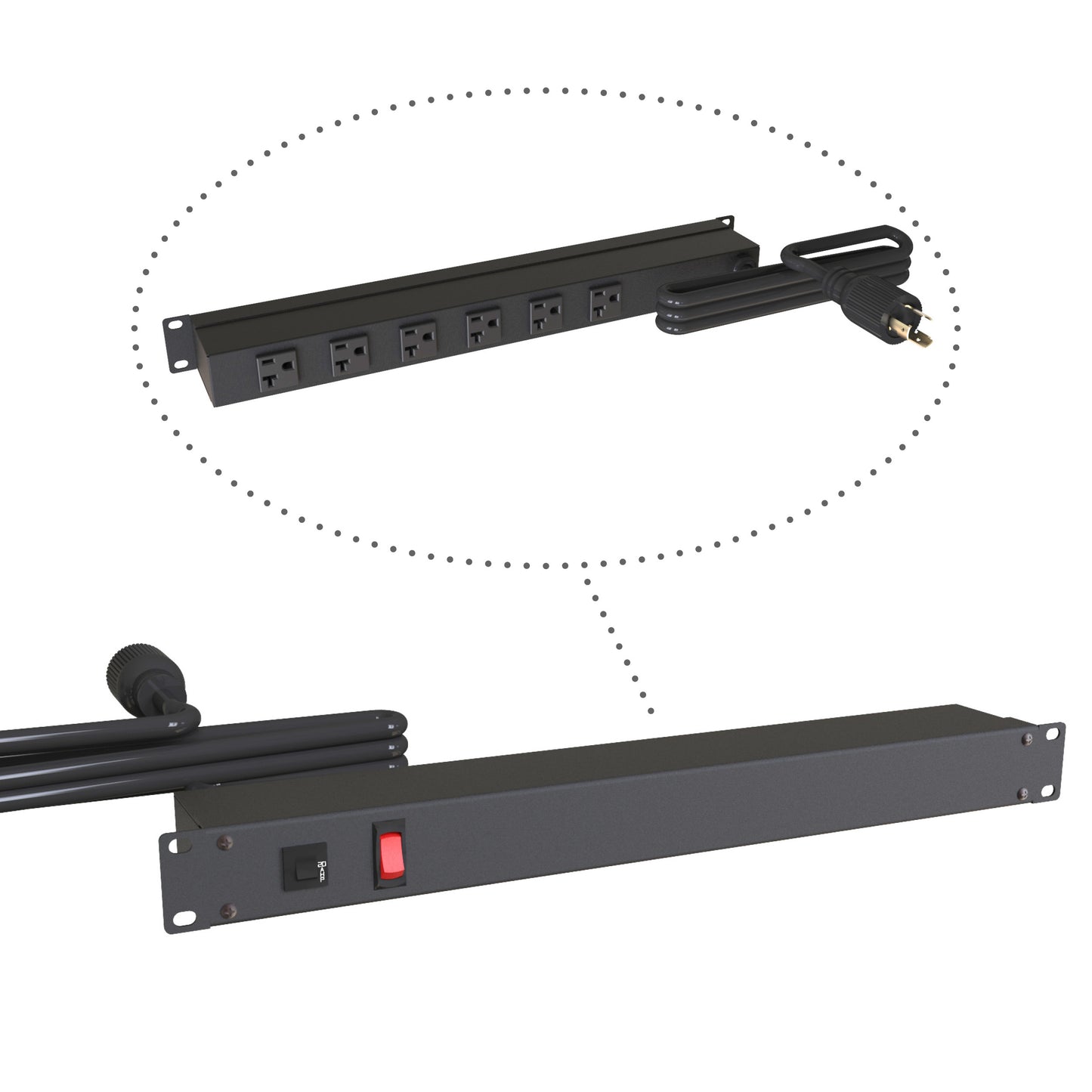 Hammond 1589H6D1BKRR Rack Mount Power Bar 6-Outlets On Rear 20 Amps, On/Off Switch, 15' Cord, Locking Plug