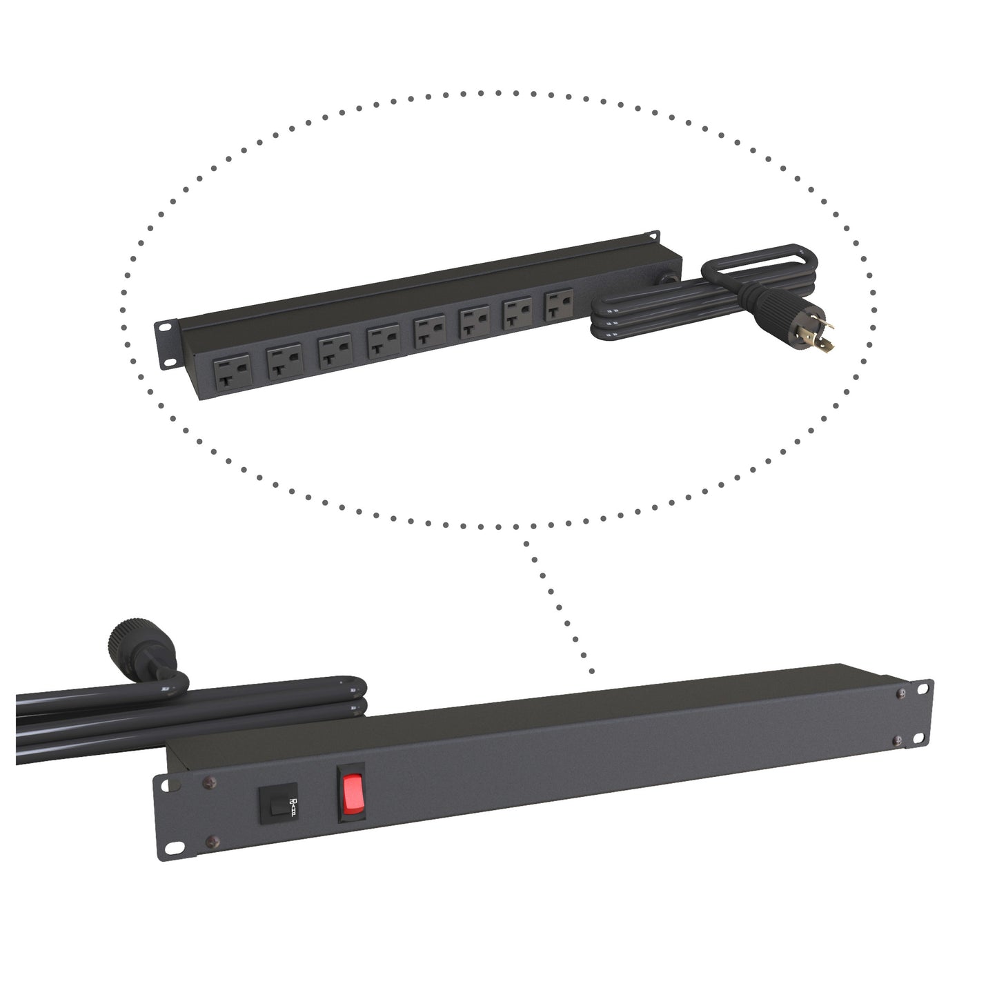 Hammond 1589H8C1BKRR Rack Mount Power Bar 8-Outlets On Rear 20 Amps, On/Off Switch, 6' Cord, Locking Plug