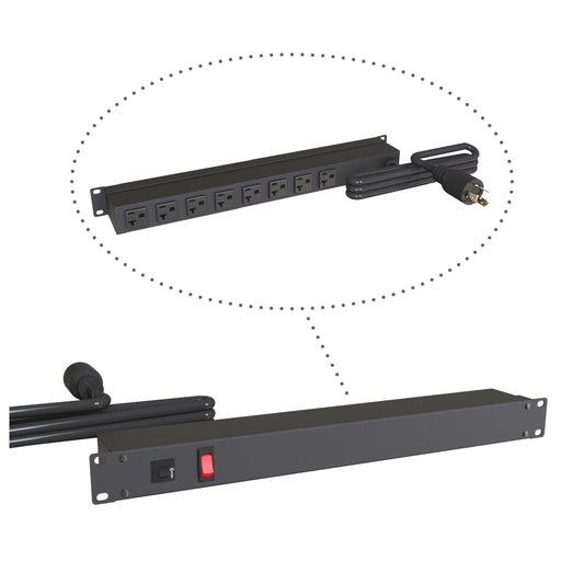 Hammond 1589H8D1BKRRV Rack Mount Power Bar 8-Outlets On Rear 20 Amps, On/Off Switch, 15' Shielded Cord, Locking Plug