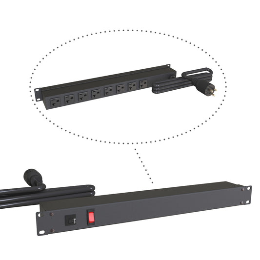 Hammond 1589H8G1BKRRV Rack Mount Power Bar 8-Outlets On Rear 20 Amps, On/Off Switch, 15' Shielded Cord, Straight Plug
