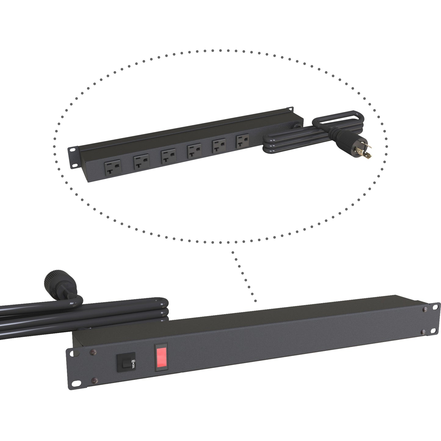 Hammond 1589T6C1BKRR Rack Mount Power Bar 6-Outlets On Rear 20 Amps, Pilot Light, 6' Cord, Locking Plug