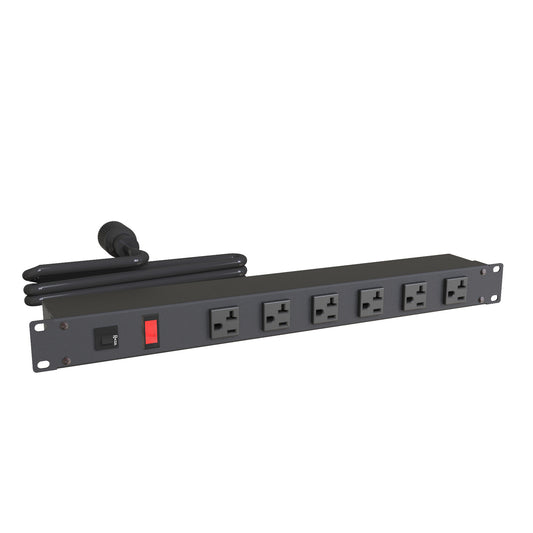 Hammond 1589T6F1BKRF Rack Mount Power Bar 6-Outlets On Front 20 Amps, Pilot Light, 6' Cord, Straight Plug