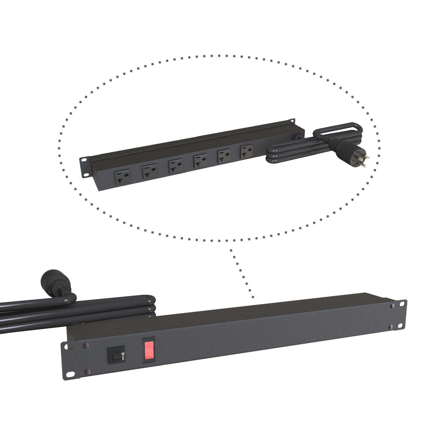 Hammond 1589T6F1BKRR Rack Mount Power Bar 6-Outlets On Rear 20 Amps, Pilot Light, 6' Cord, Straight Plug