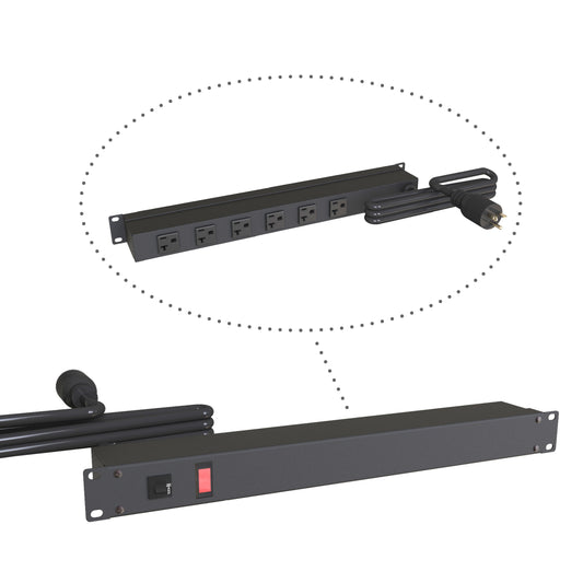 Hammond 1589T6F1BKRR Rack Mount Power Bar 6-Outlets On Rear 20 Amps, Pilot Light, 6' Cord, Straight Plug