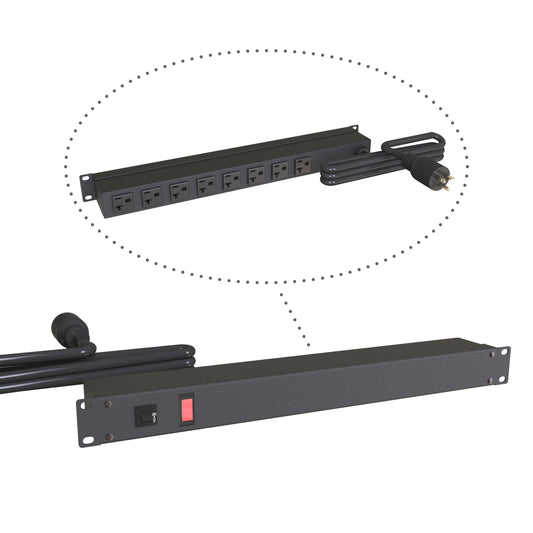 Hammond 1589T8F1BKRR Rack Mount Power Bar 8-Outlets On Rear 20 Amps, Pilot Light, 6' Cord, Straight Plug