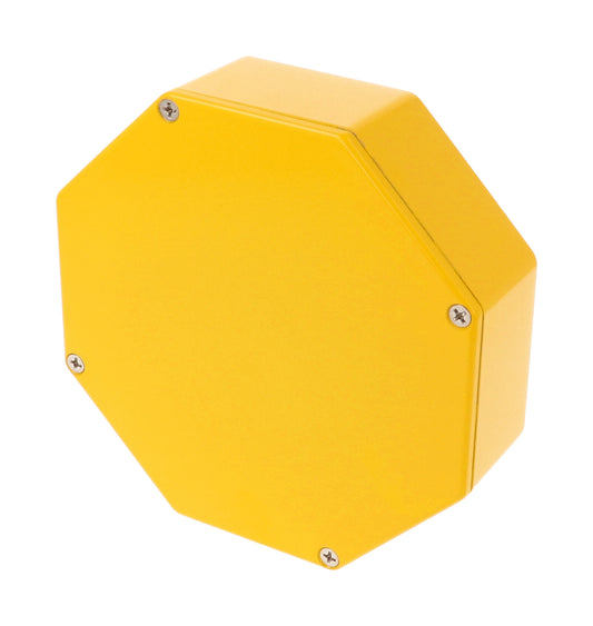 Hammond 1590STPCYL 1590-STOMP Series Octagon Stomp Box Enclosure, IP54, 133 mm length x 57 mm small end x 133 mm large end x 39 mm depth, Diecast Aluminum/Yellow.