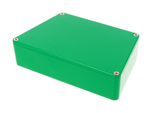 Hammond 1590TRPCGR 1590-STOMP Series Wide Trapezoid Stomp Box Enclosure, IP54, 95 mm length x 122 mm small end x 151 mm large end x 39 mm depth, Diecast Aluminum/Green.