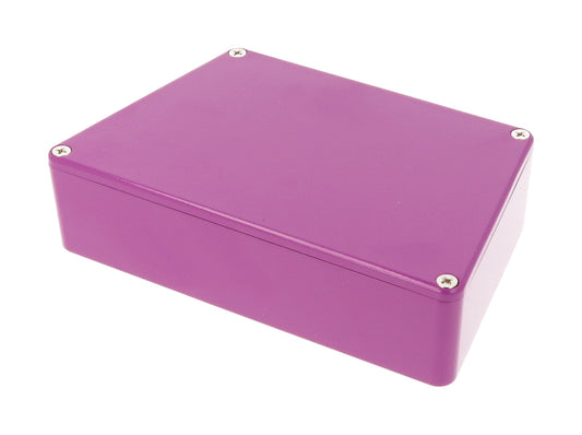 Hammond 1590TRPCPR 1590-STOMP Series Wide Trapezoid Stomp Box Enclosure, IP54, 95 mm length x 122 mm small end x 151 mm large end x 39 mm depth, Diecast Aluminum/Purple.