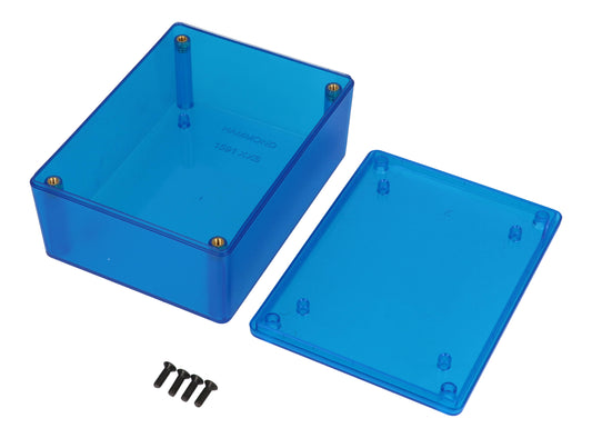 Hammond 1591XXSTBU Translucent Polycarbonate Enclosure, Blue, PCB Standoffs, Tongue-And-Groove, IP54, UL94 V-0