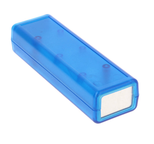 Hammond 1593DALTBU 1593 Series ABS Handheld Instrument Enclosure, Aluminum End Panels, No Battery Door, 4.49" x 1.42" x 1.02", Transparent Blue.