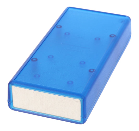 Hammond 1593YALTBU 1593 Series ABS Handheld Instrument Enclosure, Aluminum End Panels, With Battery Door, 5.51" x 2.6" x 1.1", Transparent Blue.