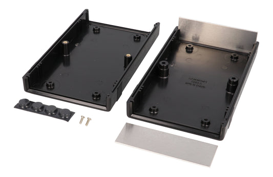 Hammond 1598ABK 1598 Series Flame Retardant ABS Instrument Enclosure With Aluminum End Panels, IP54, 6.18" x 3.66" x 1.38", Black.