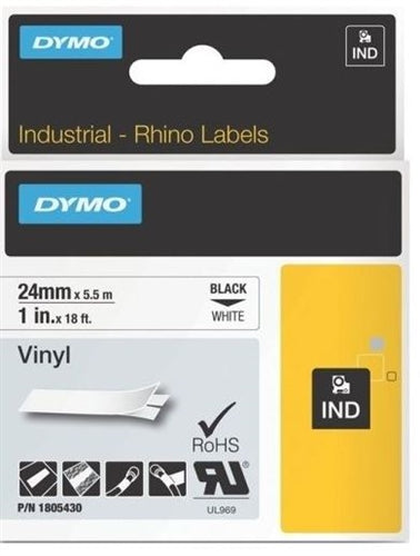 Dymo Rhino 1805430 Vinyl Label Black On White 1" x 18' *for the Dymo 6000 Series Printer Only*
