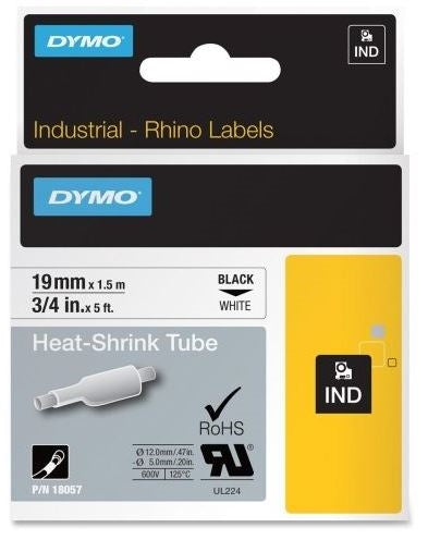 Dymo Rhino 18057 Heat Shrink 3:1 Label 3/4" x 5' Black On White *Excluding Model 3000*